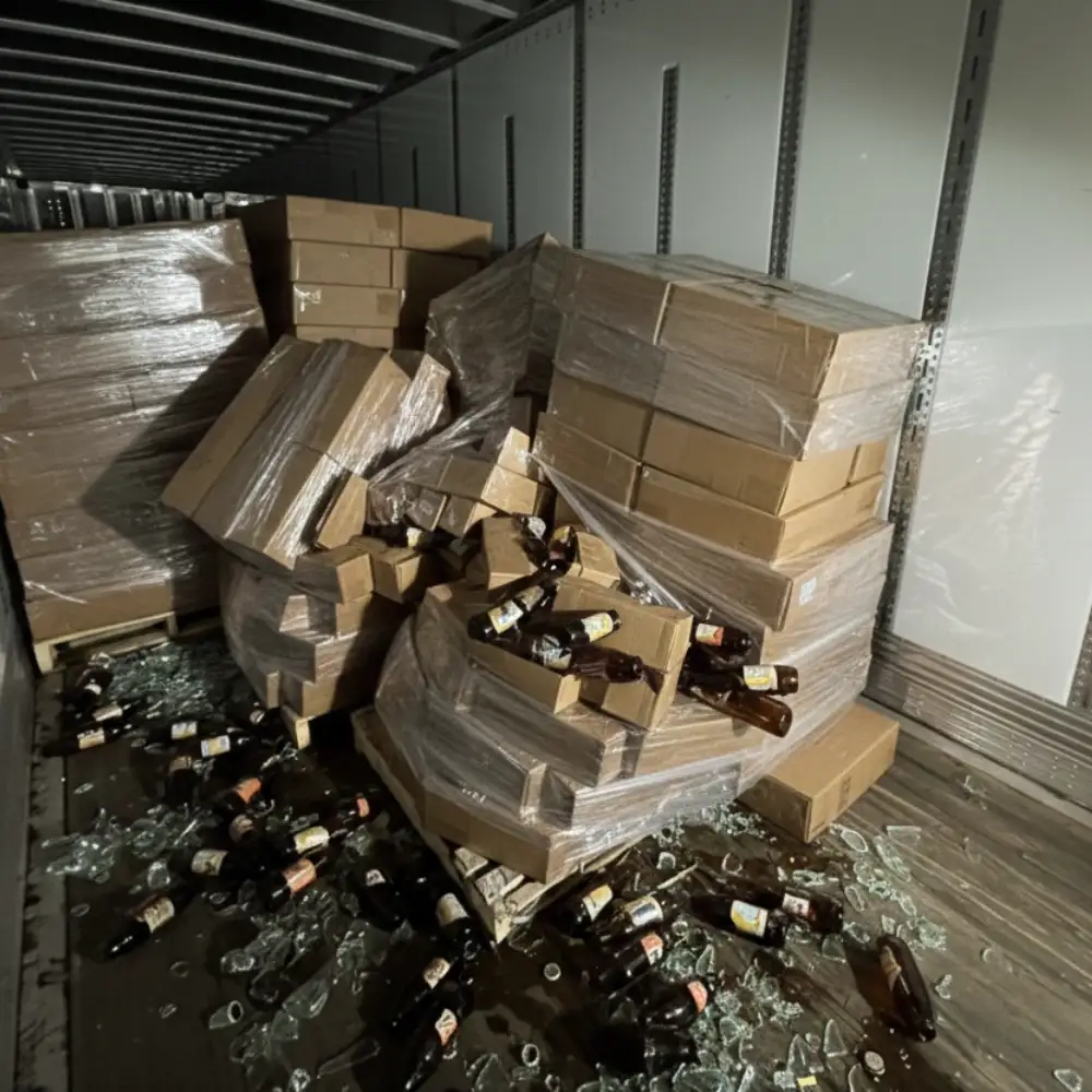 Toppled pallet of soda boxes inside a trailer